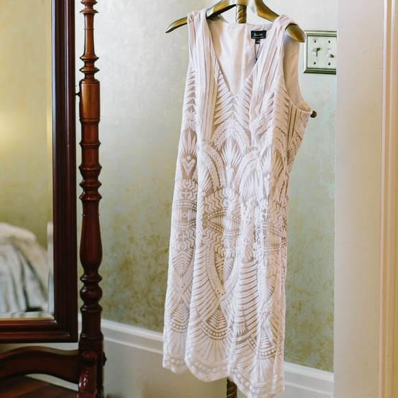 bardot embroidered mesh dress